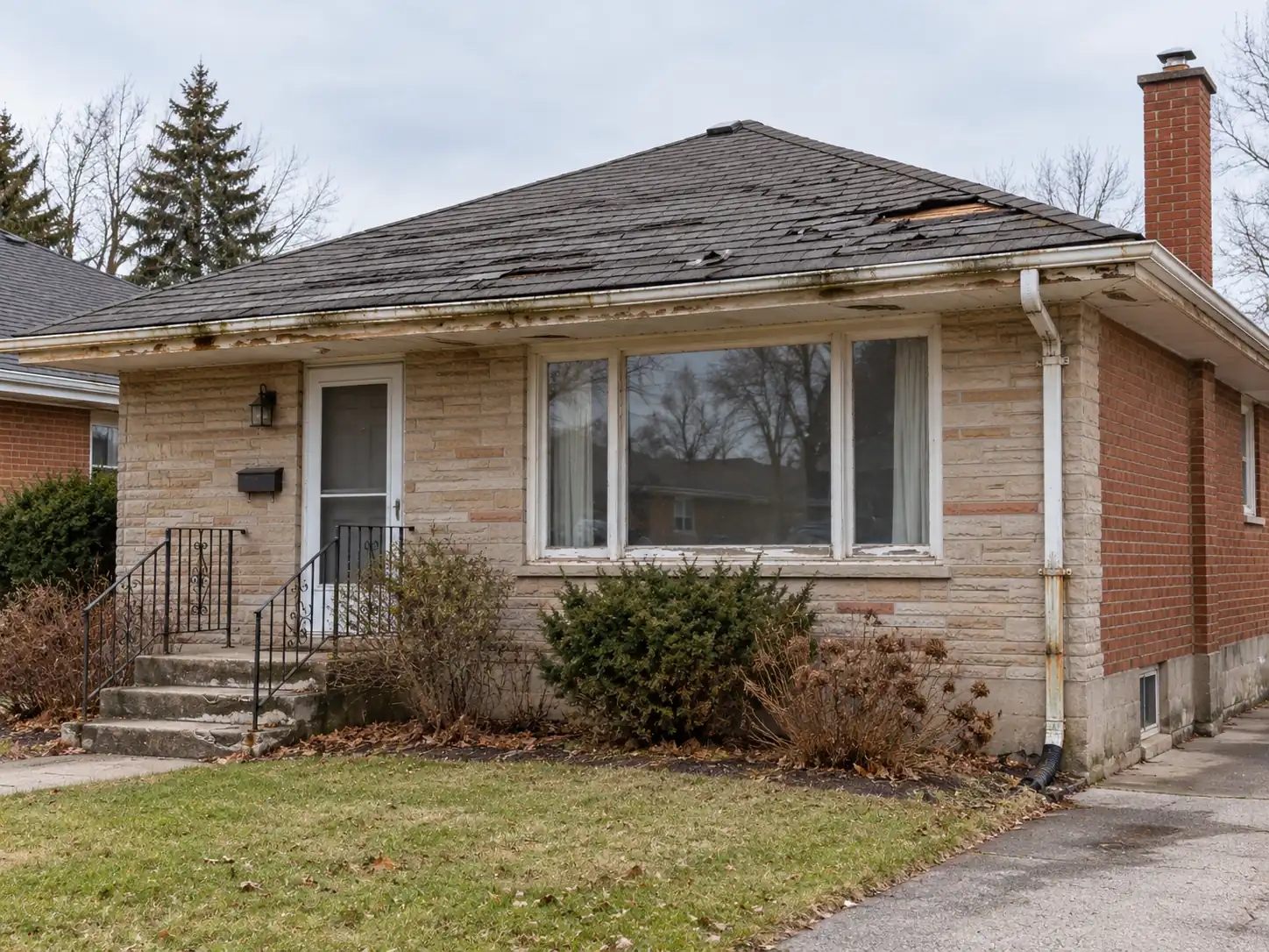 Older bungalow with damaged roof shingles and deteriorating gutters